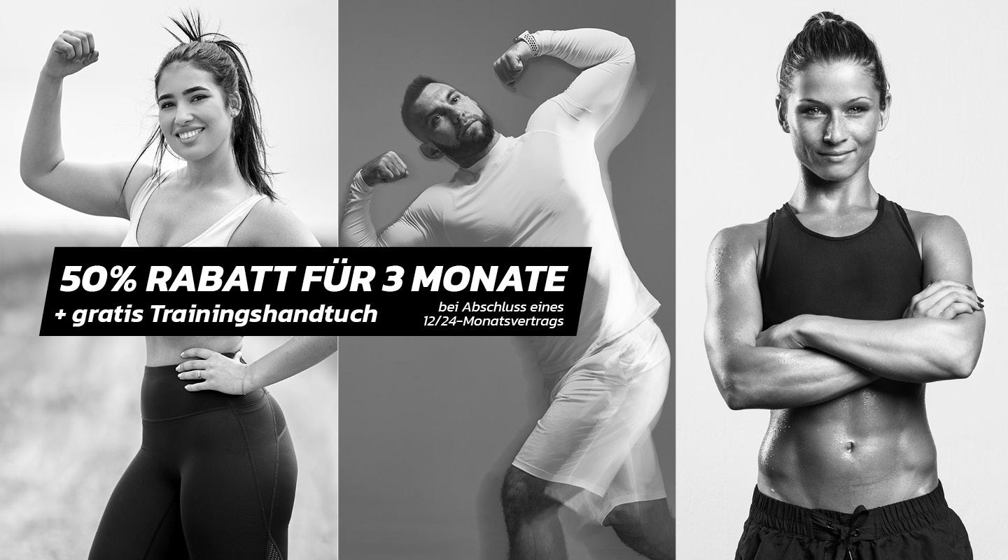 MaxiMum Slide mit 3 fitten Menschen und der Headline 50% Rabatt für 3 Monate + gratis Trainingshandtuch. Gültig bei Abschluss eines 12/24 Monatsvertrags